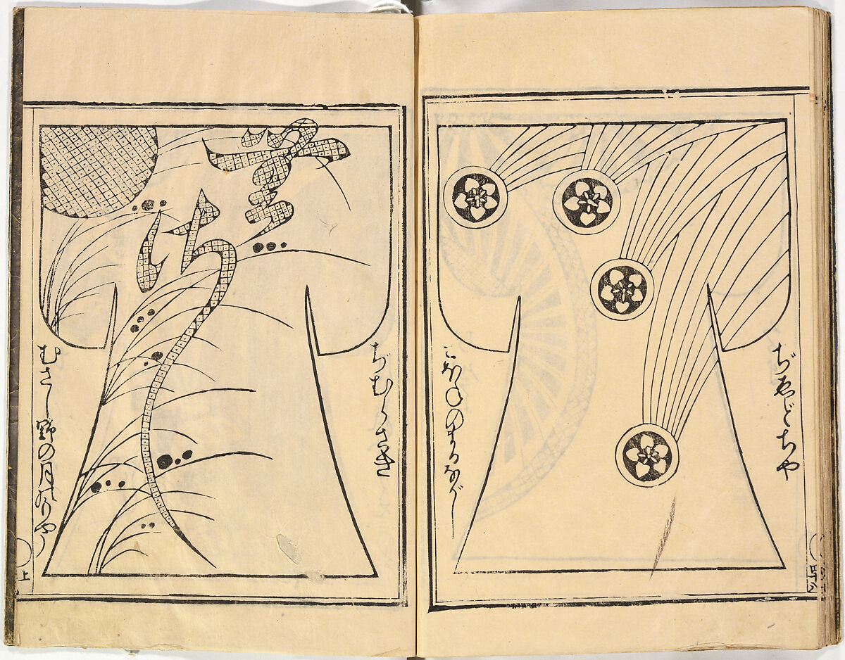 Kosode Pattern Book (On-Hiinagata), vol. 2, One of a set of two woodblock-printed books; ink and color on paper, Japan