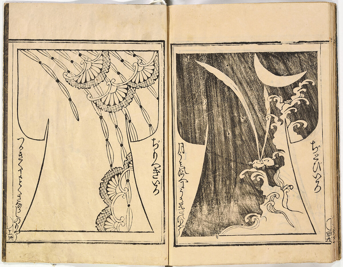 Kosode Pattern Book (On-Hiinagata), vol. 2, One of a set of two woodblock-printed books; ink and color on paper, Japan
