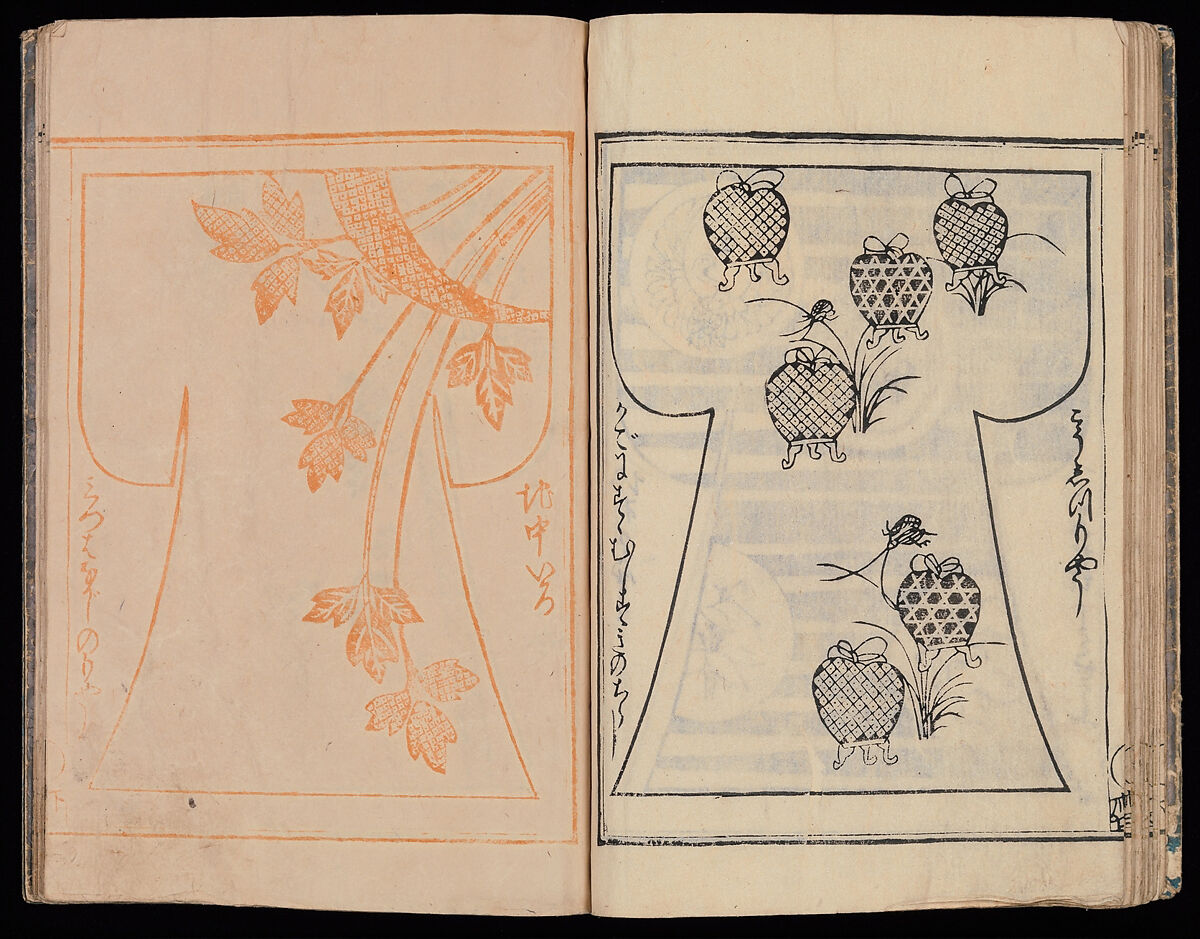 Kosode Pattern Book (On-Hiinagata), vol. 2

, One of a set of two woodblock-printed books; ink and color on paper, Japan