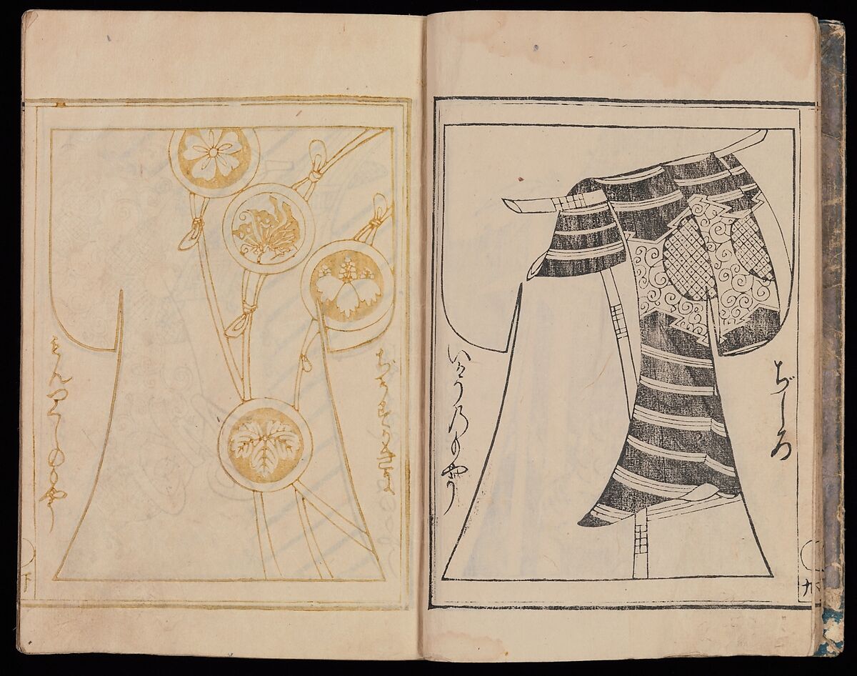 Kosode Pattern Book (On-Hiinagata), vol. 2, One of a set of two woodblock-printed books; ink and color on paper, Japan