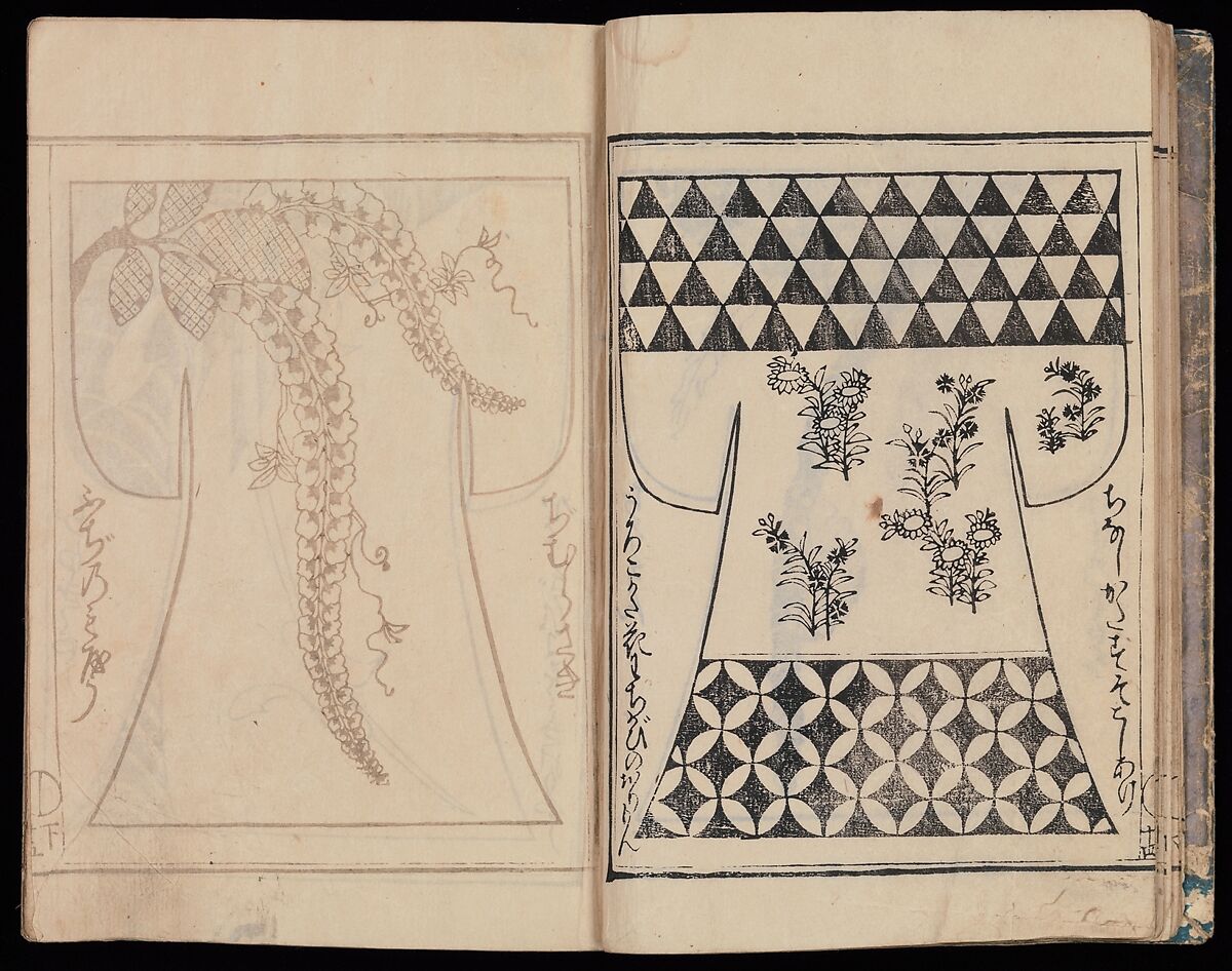 Kosode Pattern Book (On-Hiinagata), vol. 2, One of a set of two woodblock-printed books; ink and color on paper, Japan
