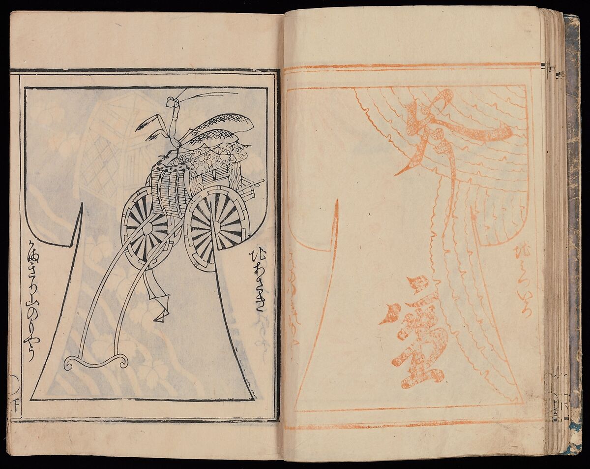 Kosode Pattern Book (On-Hiinagata), vol. 2, One of a set of two woodblock-printed books; ink and color on paper, Japan