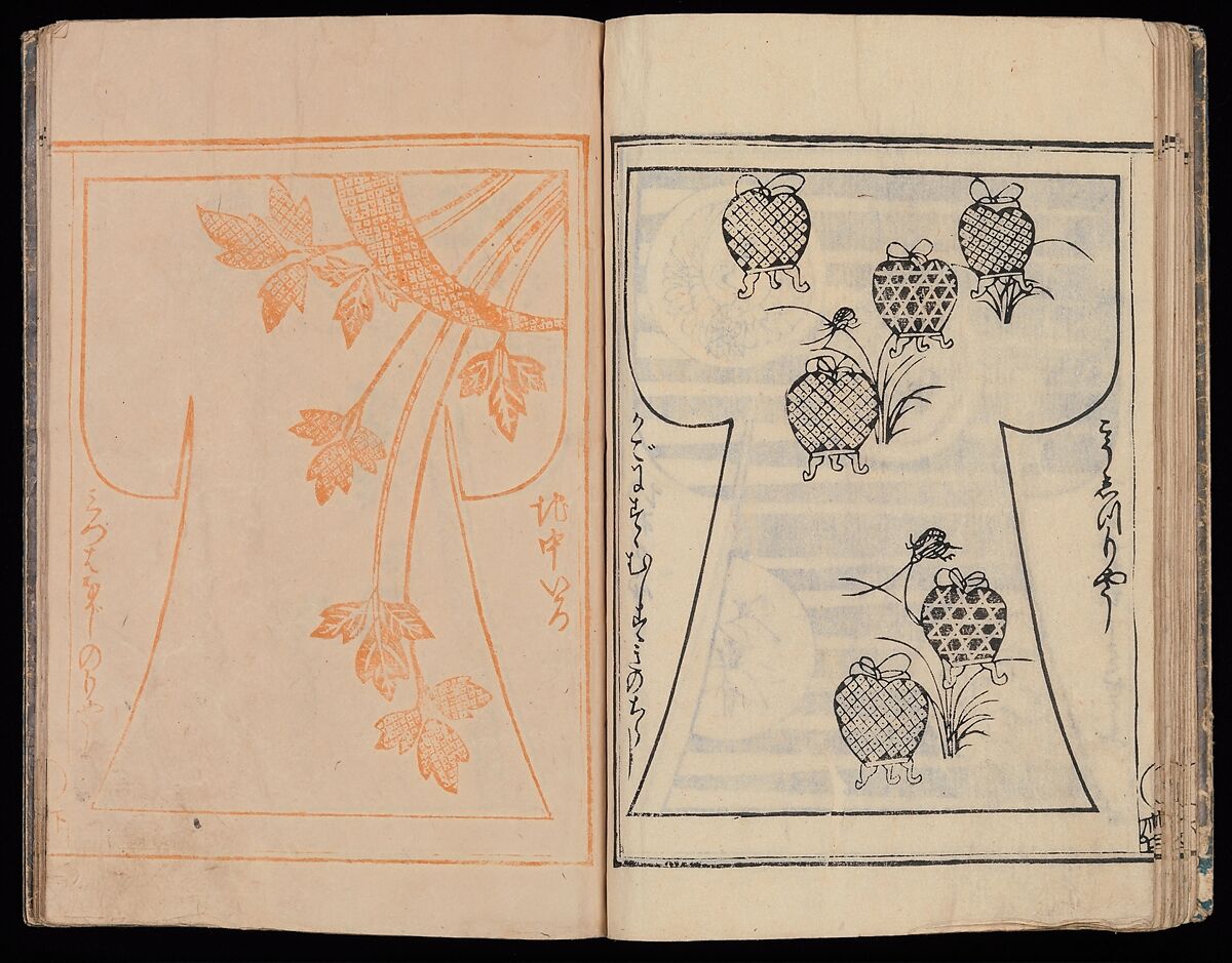 Kosode Pattern Book (On-Hiinagata), vol. 2, One of a set of two woodblock-printed books; ink and color on paper, Japan
