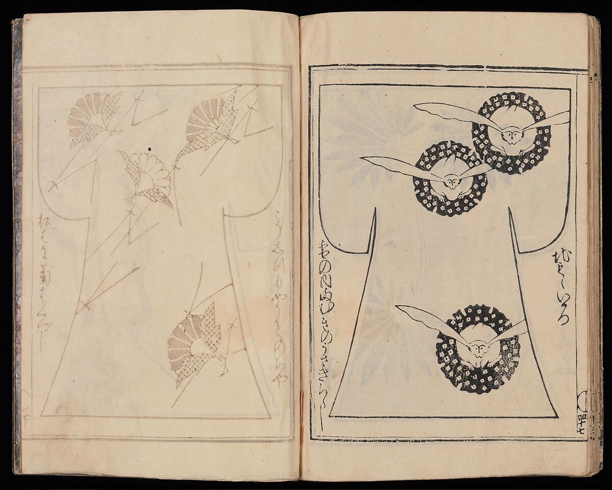 Kosode Pattern Book (On-Hiinagata), vol. 2, One of a set of two woodblock-printed books; ink and color on paper, Japan