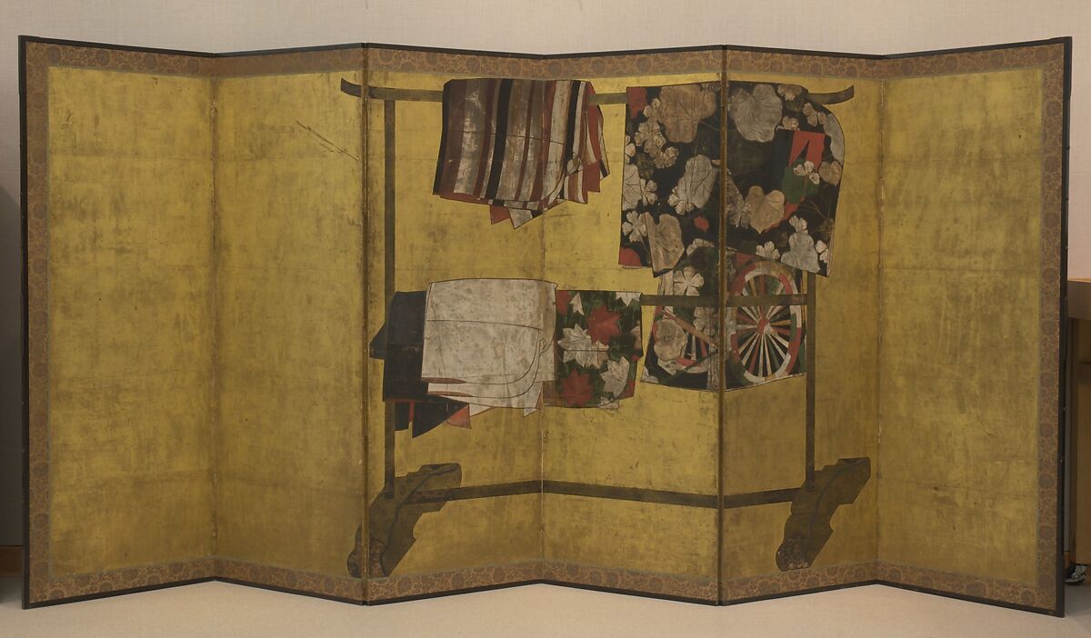 Whose Sleeves? (Tagasode), Six-panel folding screen; ink, color, and gold on paper, Japan 