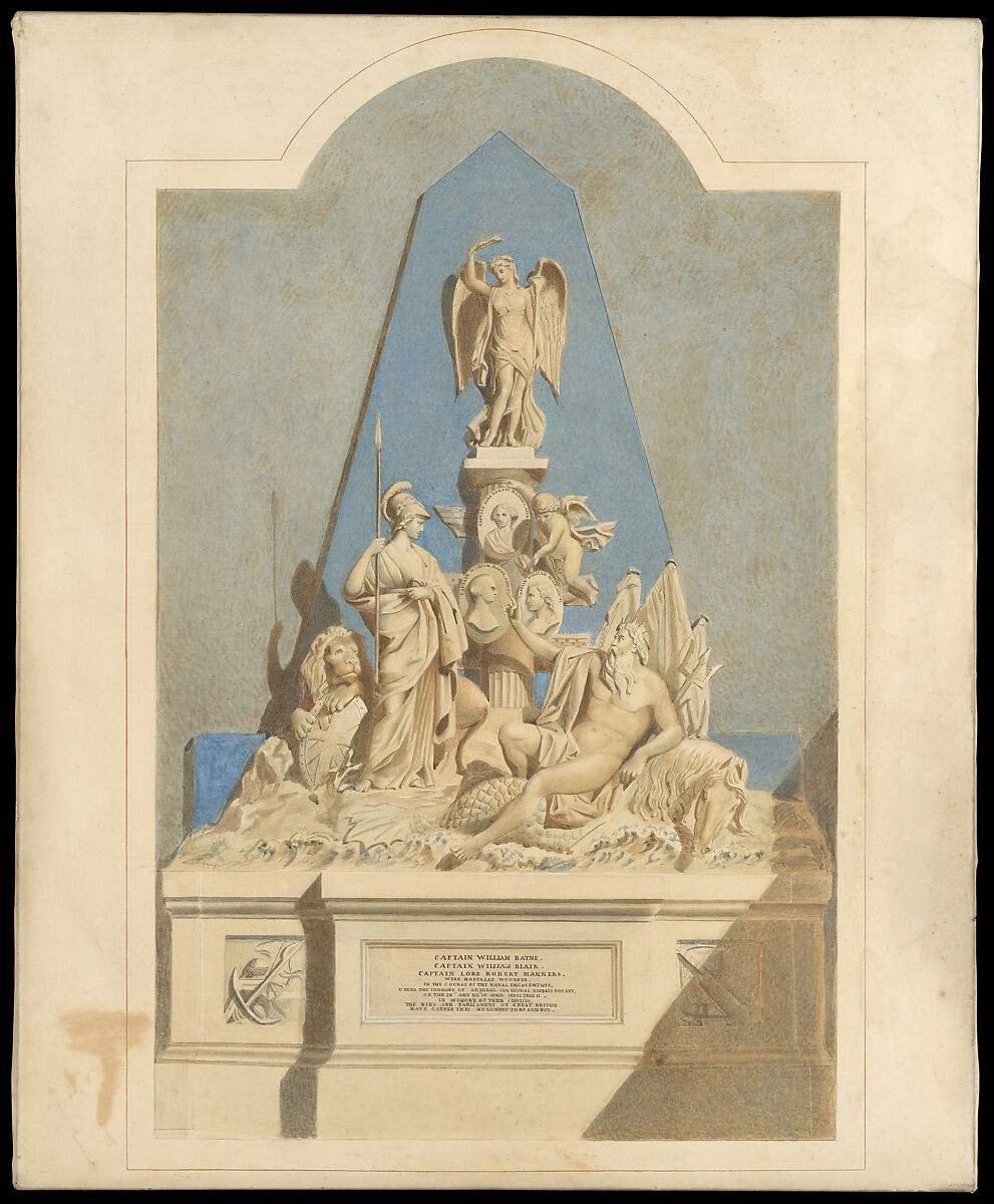 Design for "The Three Captains Memorial", Joseph Nollekens (British, London 1737–1823 London), Watercolor over graphite, surrounded by a gold line, on paper backed by canvas (stretched on modern wooden frame) 