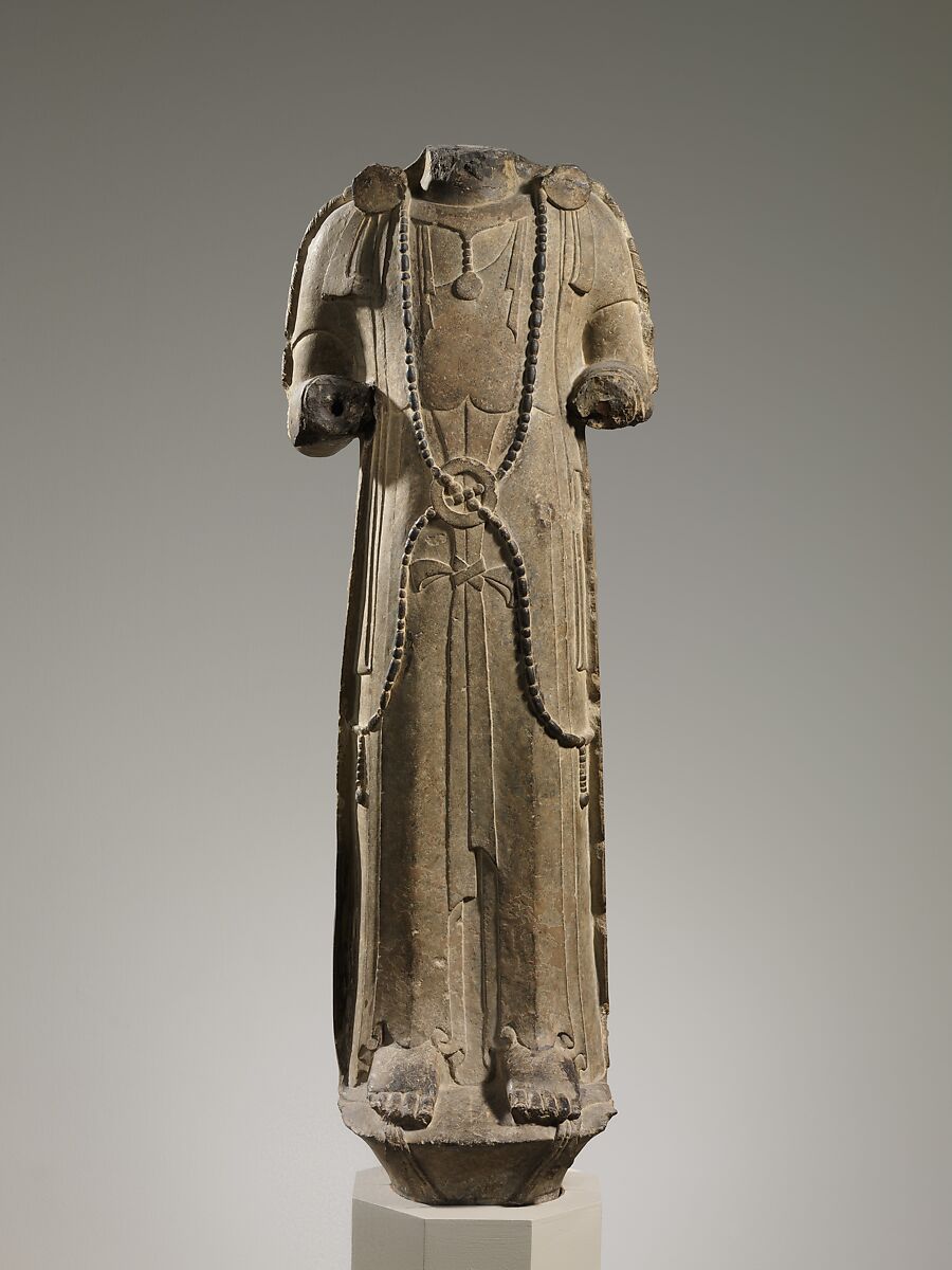 Standing bodhisattva, Limestone with traces of pigment, China 