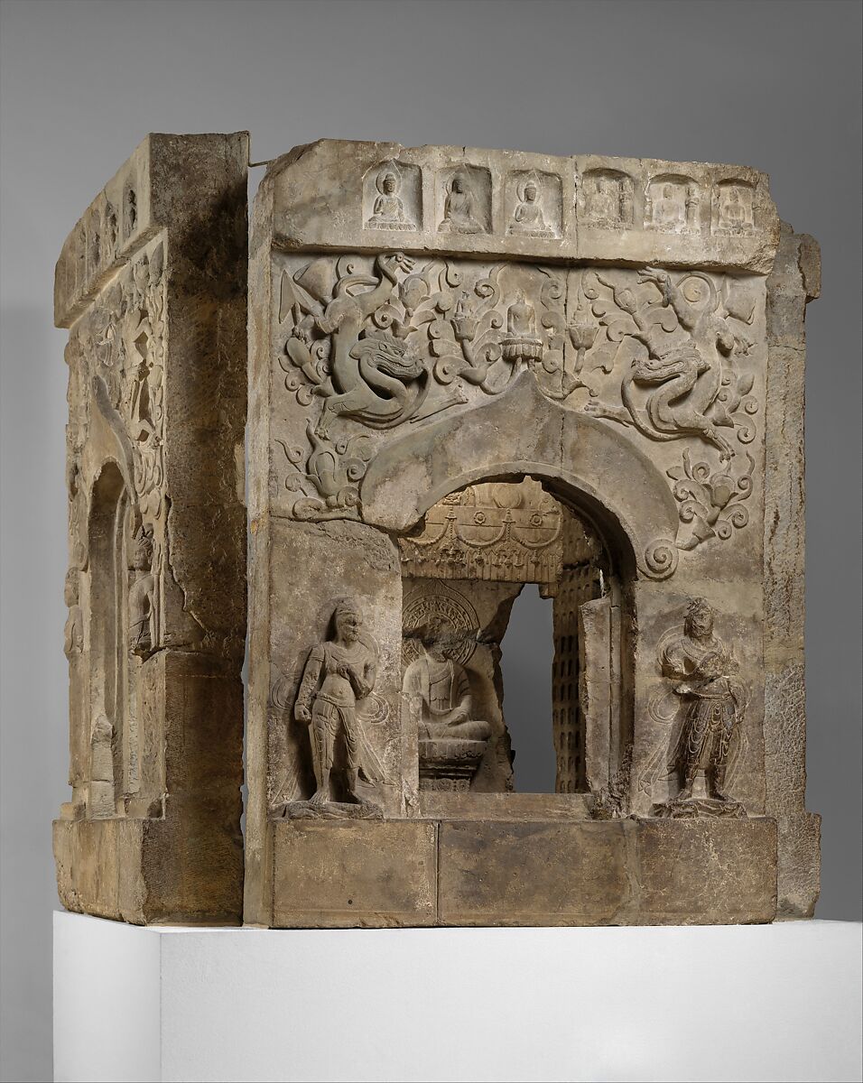Pagoda base with four Buddhas, Limestone with traces of pigment, China