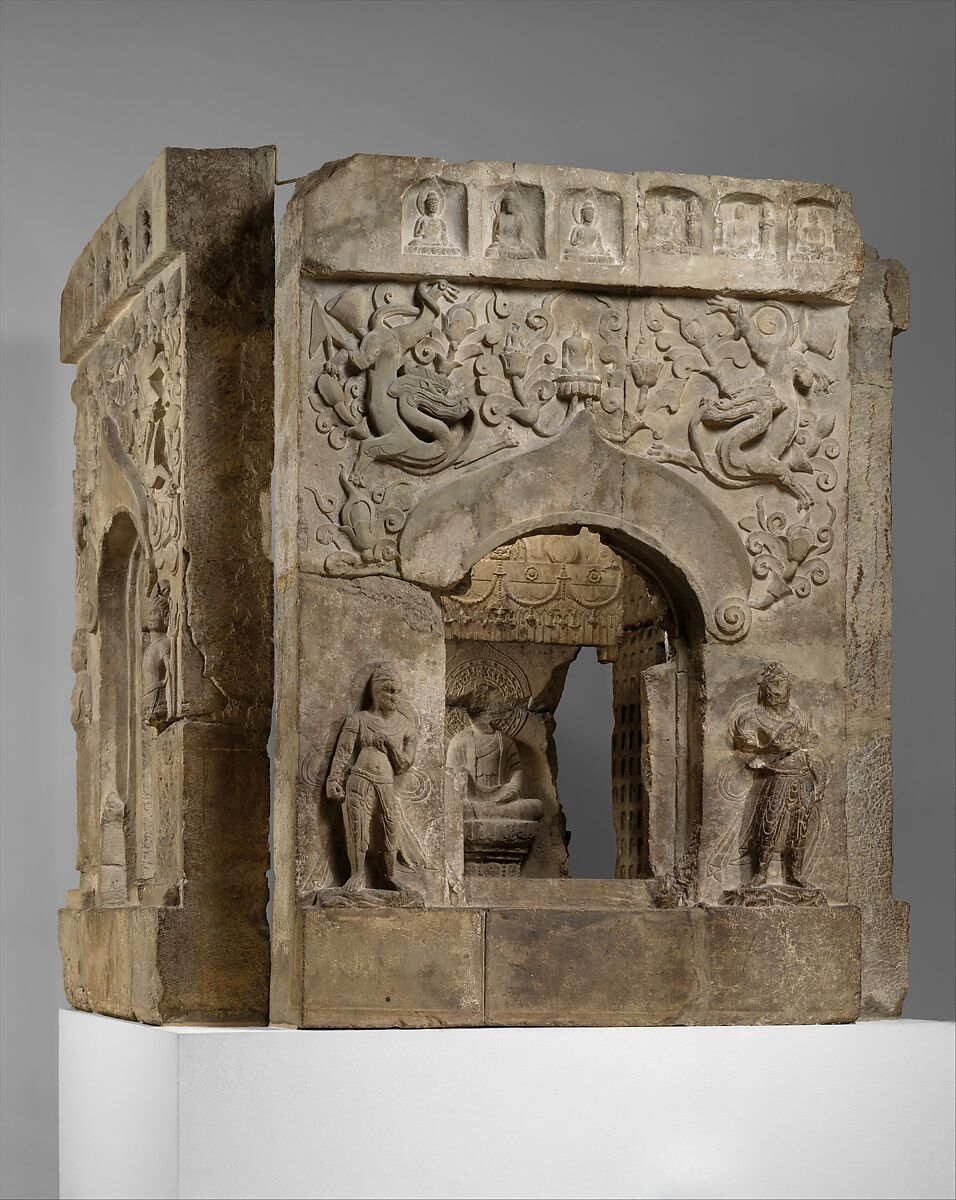 Pagoda base with four Buddhas, Limestone with traces of pigment, China 