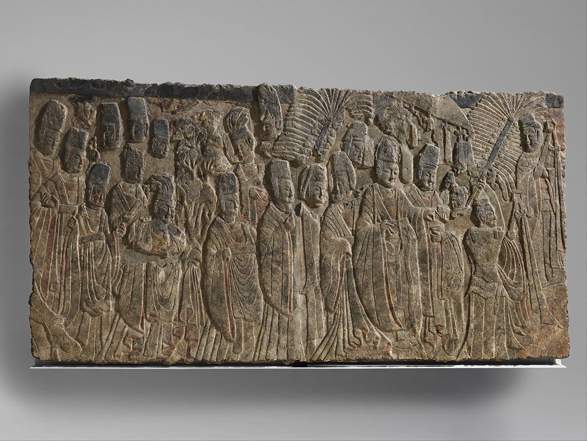 Emperor Xiaowen and his entourage worshipping the Buddha, Limestone with traces of pigment, China 