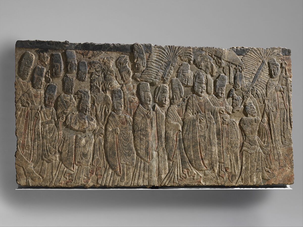 Emperor Xiaowen and his entourage worshipping the Buddha, Limestone with traces of pigment, China