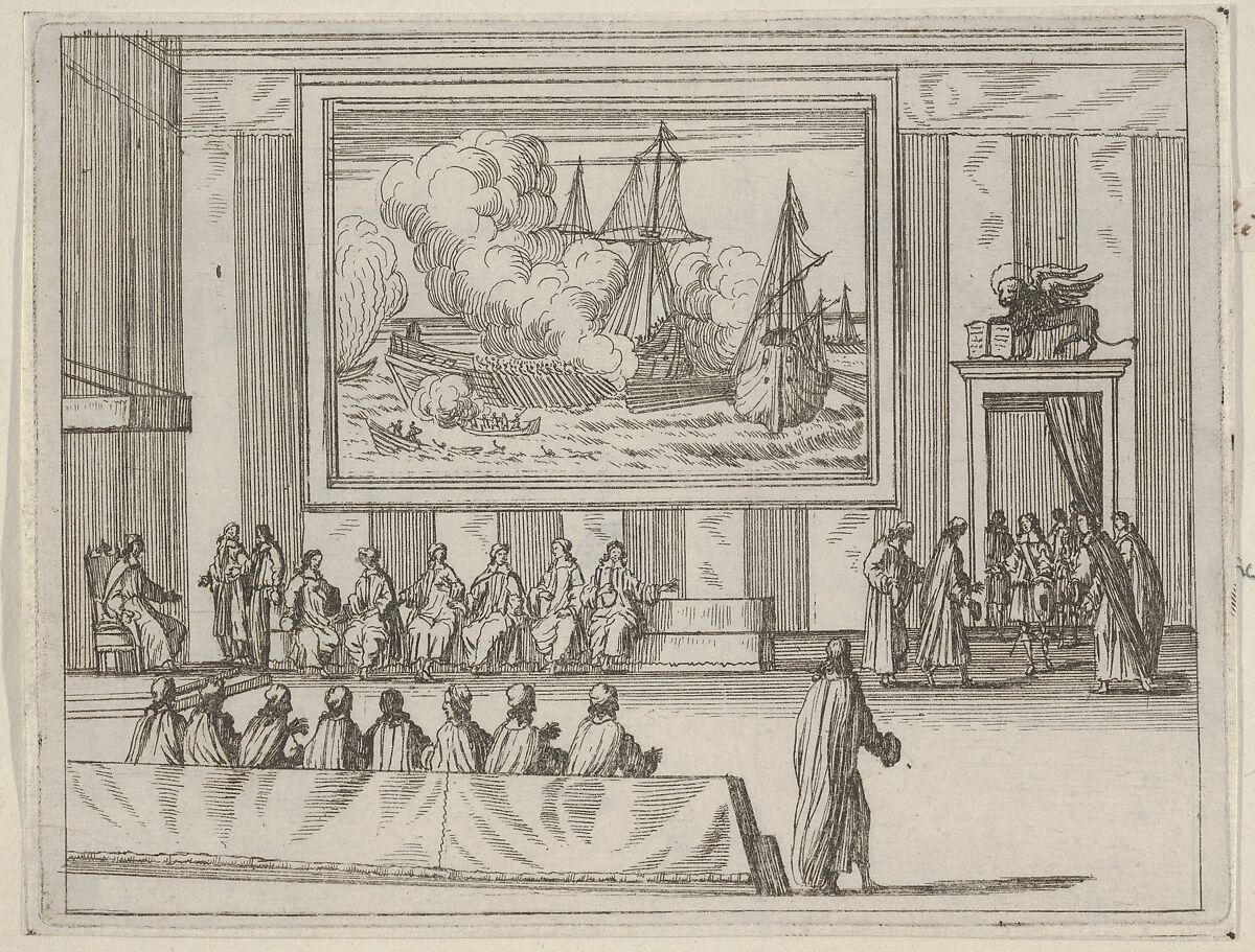 Francesco I d'Este Presents Himself with Warmth and Humility with Representatives of the Republic of Venice and the Duke of Savoy, from "L'Idea di un Principe ed Eroe Cristiano in Francesco I d'Este, di Modena e Reggio Duca VIII [...]", Bartolomeo Fenice (Fénis), Etching 