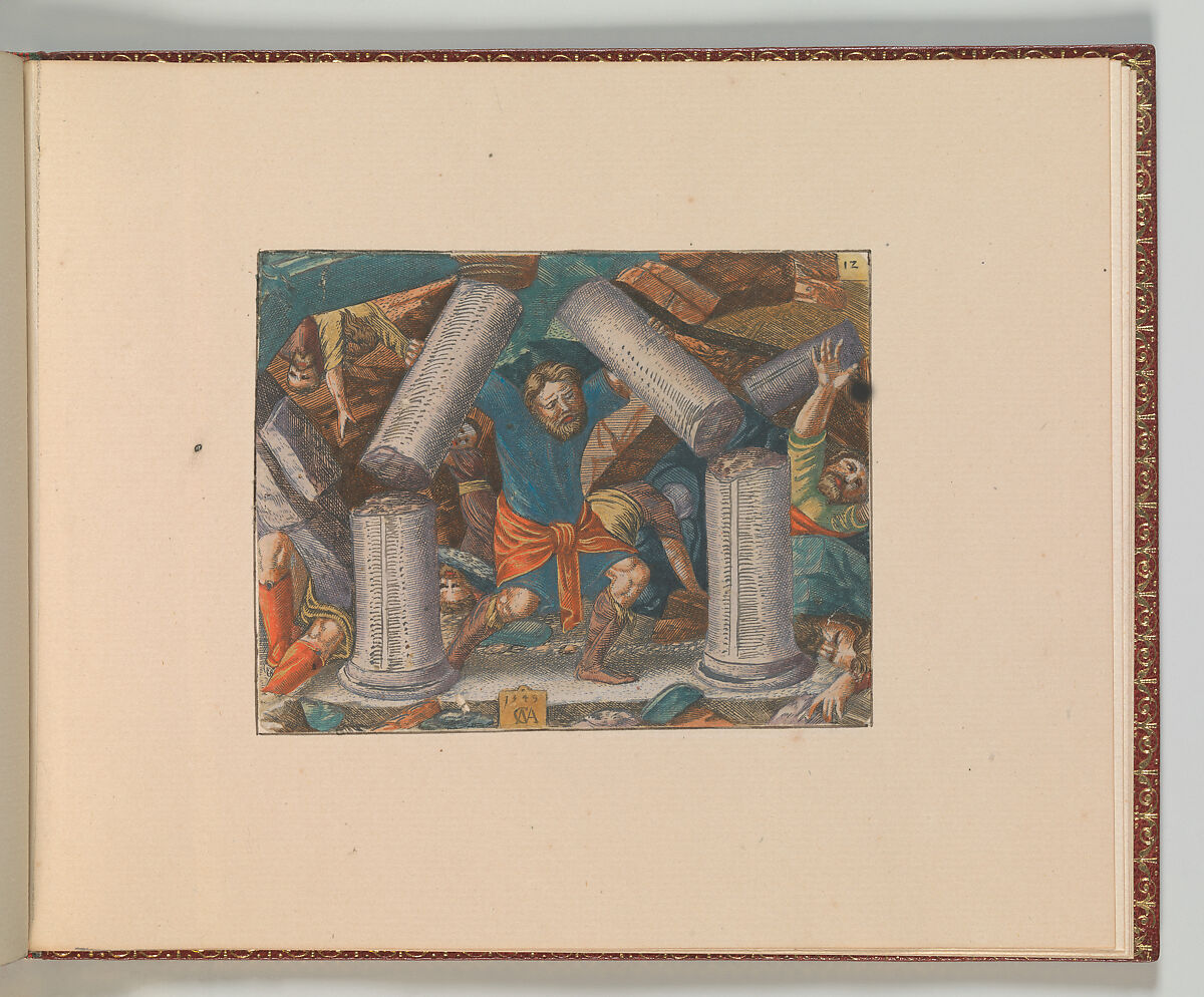 The Story of Samson, Cornelis Massys (Netherlandish,  Antwerp 1510/11–1556/57 Antwerp), Hand-colored engravings, first state of two, set into sheets in an album bound in red leather with gold tooling and marbled boards, housed in a case of red leather and marbled board. 