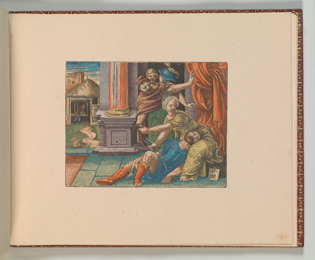 The Story of Samson, Cornelis Massys (Netherlandish,  Antwerp 1510/11–1556/57 Antwerp), Hand-colored engravings, first state of two, set into sheets in an album bound in red leather with gold tooling and marbled boards, housed in a case of red leather and marbled board.