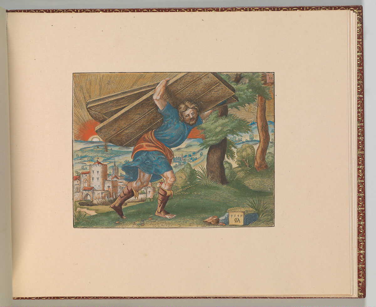 The Story of Samson, Cornelis Massys (Netherlandish,  Antwerp 1510/11–1556/57 Antwerp), Hand-colored engravings, first state of two, set into sheets in an album bound in red leather with gold tooling and marbled boards, housed in a case of red leather and marbled board.