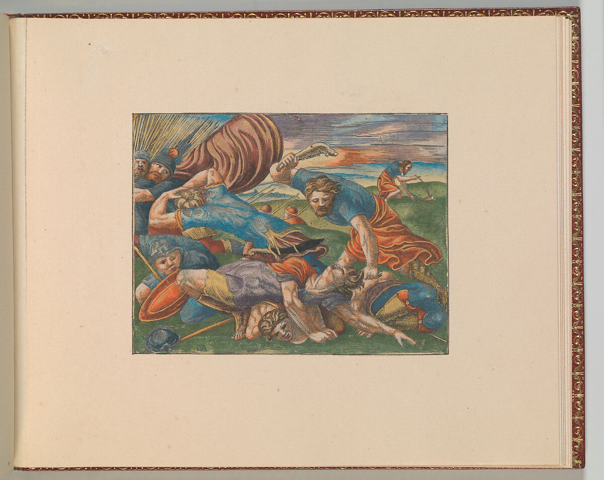 The Story of Samson, Cornelis Massys (Netherlandish,  Antwerp 1510/11–1556/57 Antwerp), Hand-colored engravings, first state of two, set into sheets in an album bound in red leather with gold tooling and marbled boards, housed in a case of red leather and marbled board.