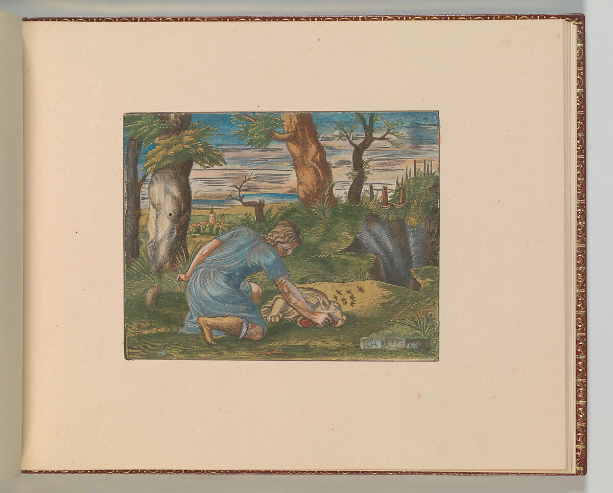 The Story of Samson, Cornelis Massys (Netherlandish,  Antwerp 1510/11–1556/57 Antwerp), Hand-colored engravings, first state of two, set into sheets in an album bound in red leather with gold tooling and marbled boards, housed in a case of red leather and marbled board.