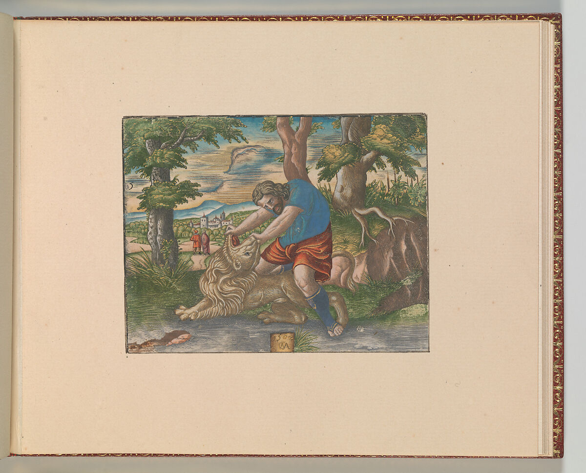 The Story of Samson, Cornelis Massys (Netherlandish,  Antwerp 1510/11–1556/57 Antwerp), Hand-colored engravings, first state of two, set into sheets in an album bound in red leather with gold tooling and marbled boards, housed in a case of red leather and marbled board.