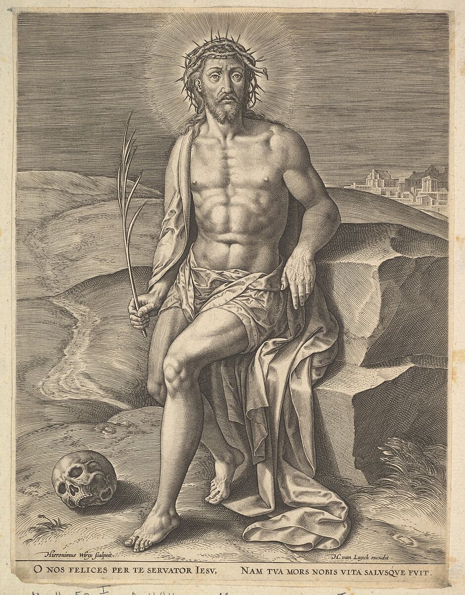 Christ Sitting on the Cold Stone, Hieronymus (Jerome) Wierix (Netherlandish, ca. 1553–1619 Antwerp), Engraving 