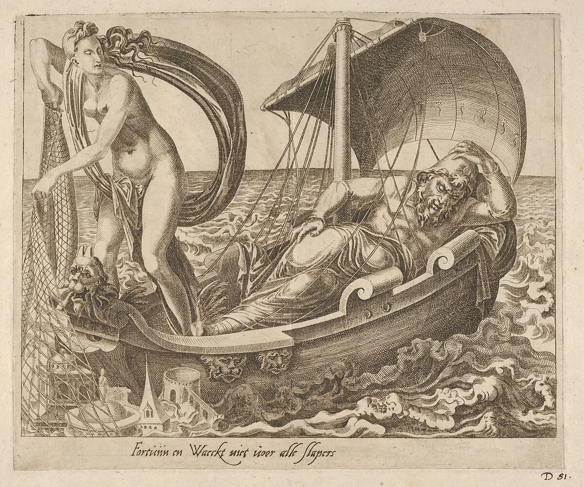 Fortune Does Not Watch over All Sleepers from Six Sayings about Fortune, Dirck Volckertsz Coornhert (Netherlandish, Amsterdam 1519/22–1590 Gouda), Engraving 