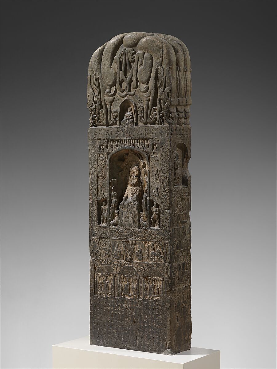 Stele commissioned by members of a devotional society, Limestone with traces of pigment, China