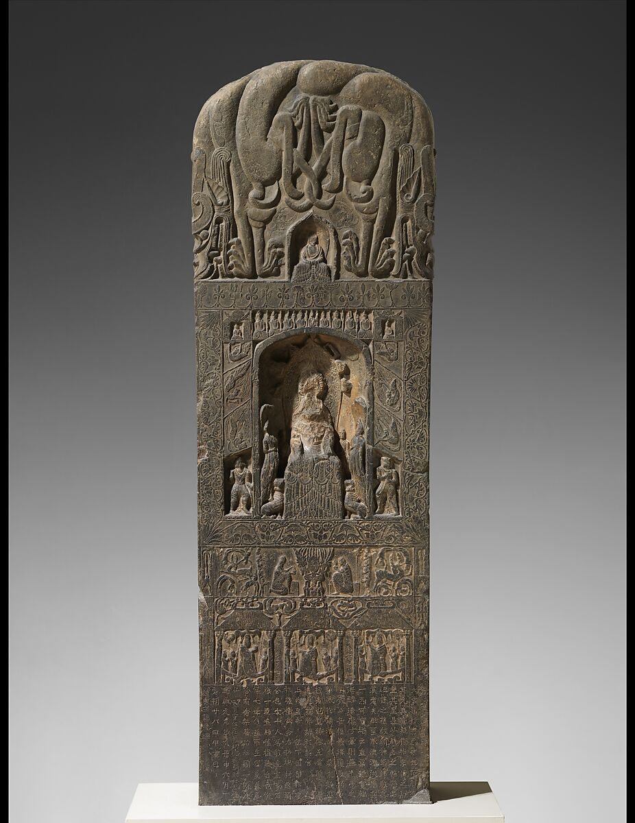 Stele commissioned by members of a devotional society, Limestone with traces of pigment, China