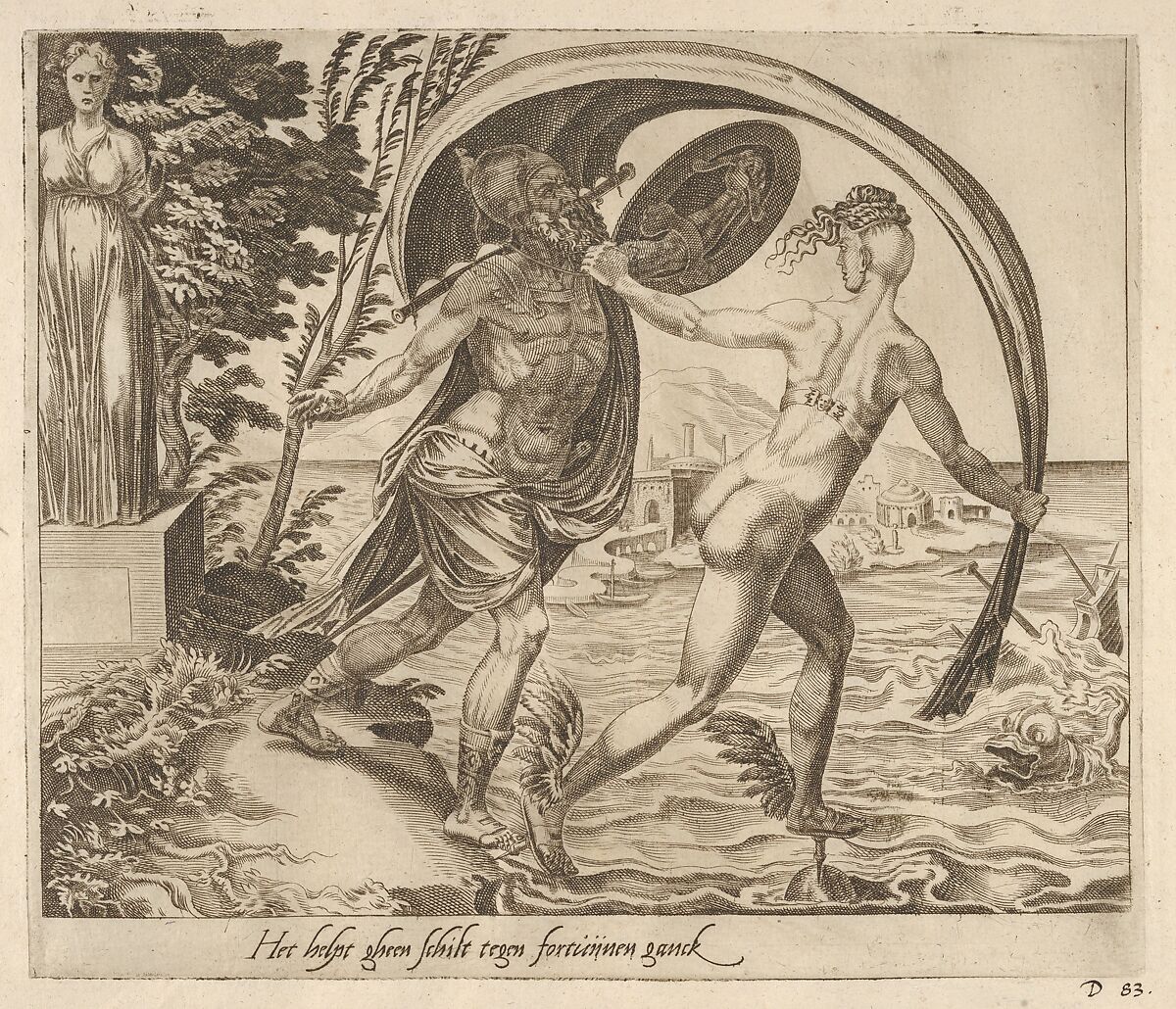 A Shield is of no Use when Fortune Turns Her Back from Six Sayings about Fortune, Dirck Volckertsz Coornhert (Netherlandish, Amsterdam 1519/22–1590 Gouda), Engraving 