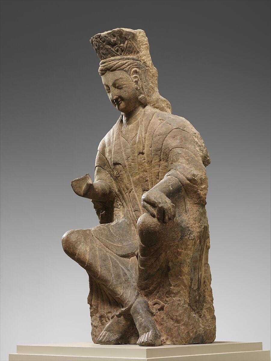 Bodhisattva (Maitreya) with crossed ankles, Sandstone with traces of pigment, China