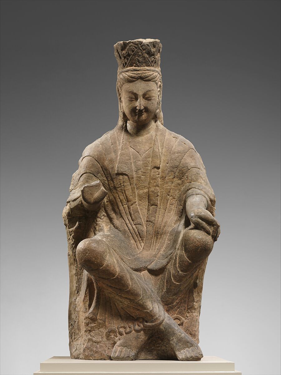 Bodhisattva (Maitreya) with crossed ankles, Sandstone with traces of pigment, China 