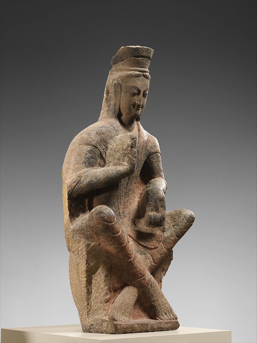 Bodhisattva (Maitreya) with crossed ankles, Sandstone with traces of pigment, China