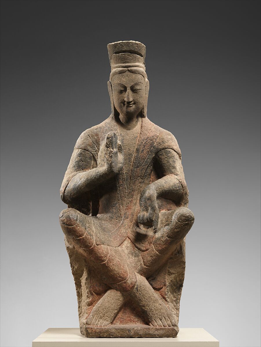 Bodhisattva (Maitreya) with crossed ankles, Sandstone with traces of pigment, China 