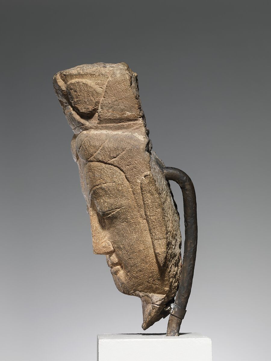 Head of a bodhisattva, Sandstone with traces of pigment, China