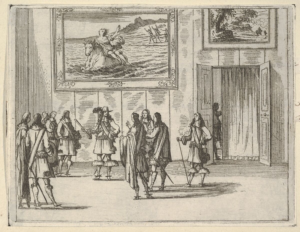 Francesco I d'Este Receives the General of the French King's Army in Italy, depicted in a room beneath The Rape of Europa, from "L'Idea di un Principe ed Eroe Cristiano in Francesco I d'Este, di Modena e Reggio Duca VIII [...]", Bartolomeo Fenice (Fénis), Etching 