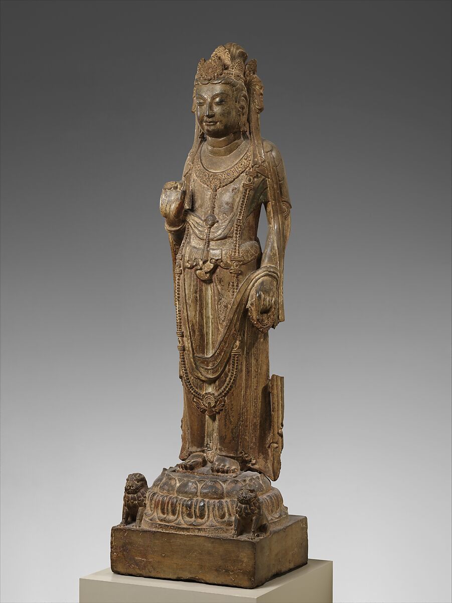 Bodhisattva, probably Avalokiteshvara (Guanyin), Limestone with traces of pigment, China 