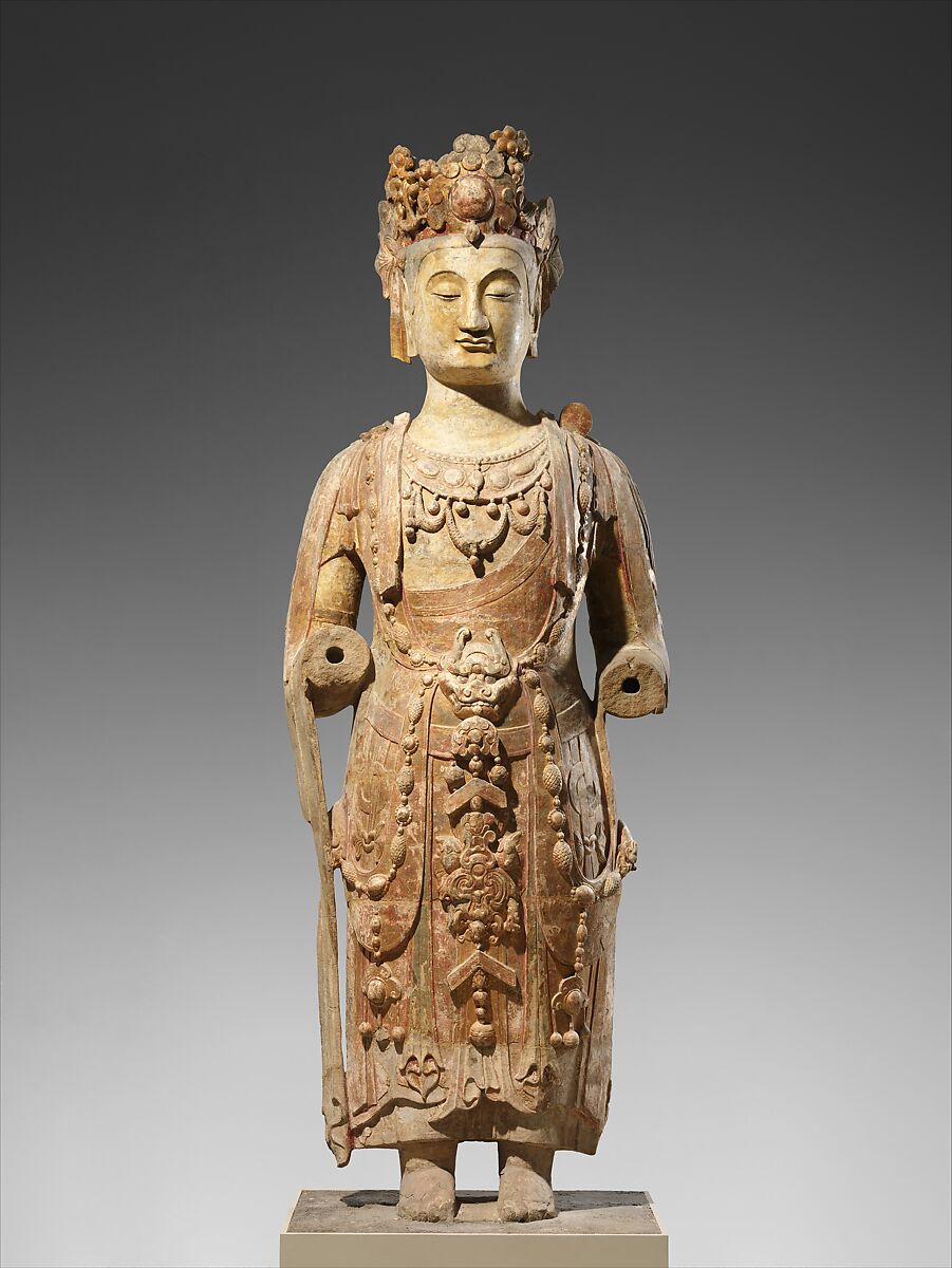 Bodhisattva, probably Avalokiteshvara (Guanyin), Sandstone with pigment, China 