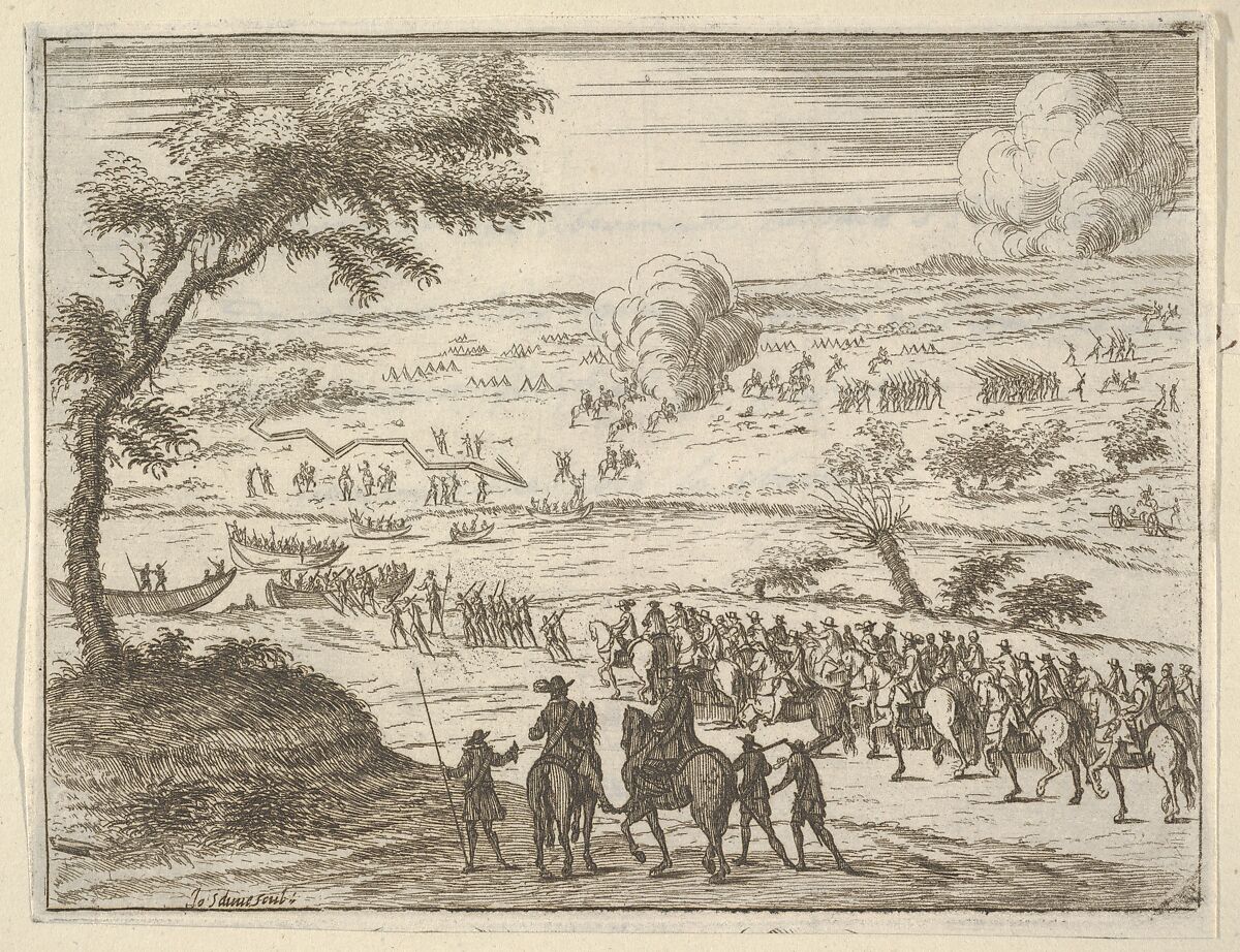 Francesco I d'Este Freely Crosses the Po and Takes Up his Sword Against Troops in the Vinyard of the Opposite Bank where the Spanish had Settled to Impede his Crossing, from "L'Idea di un Principe ed Eroe Cristiano in Francesco I d'Este, di Modena e Reggio Duca VIII [...]", Bartolomeo Fenice (Fénis), Etching 