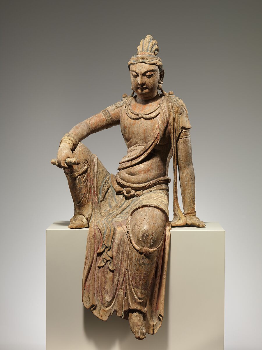 Bodhisattva Manjushri (Wenshu), Wood (foxglove) with traces of pigment; single woodblock construction, China