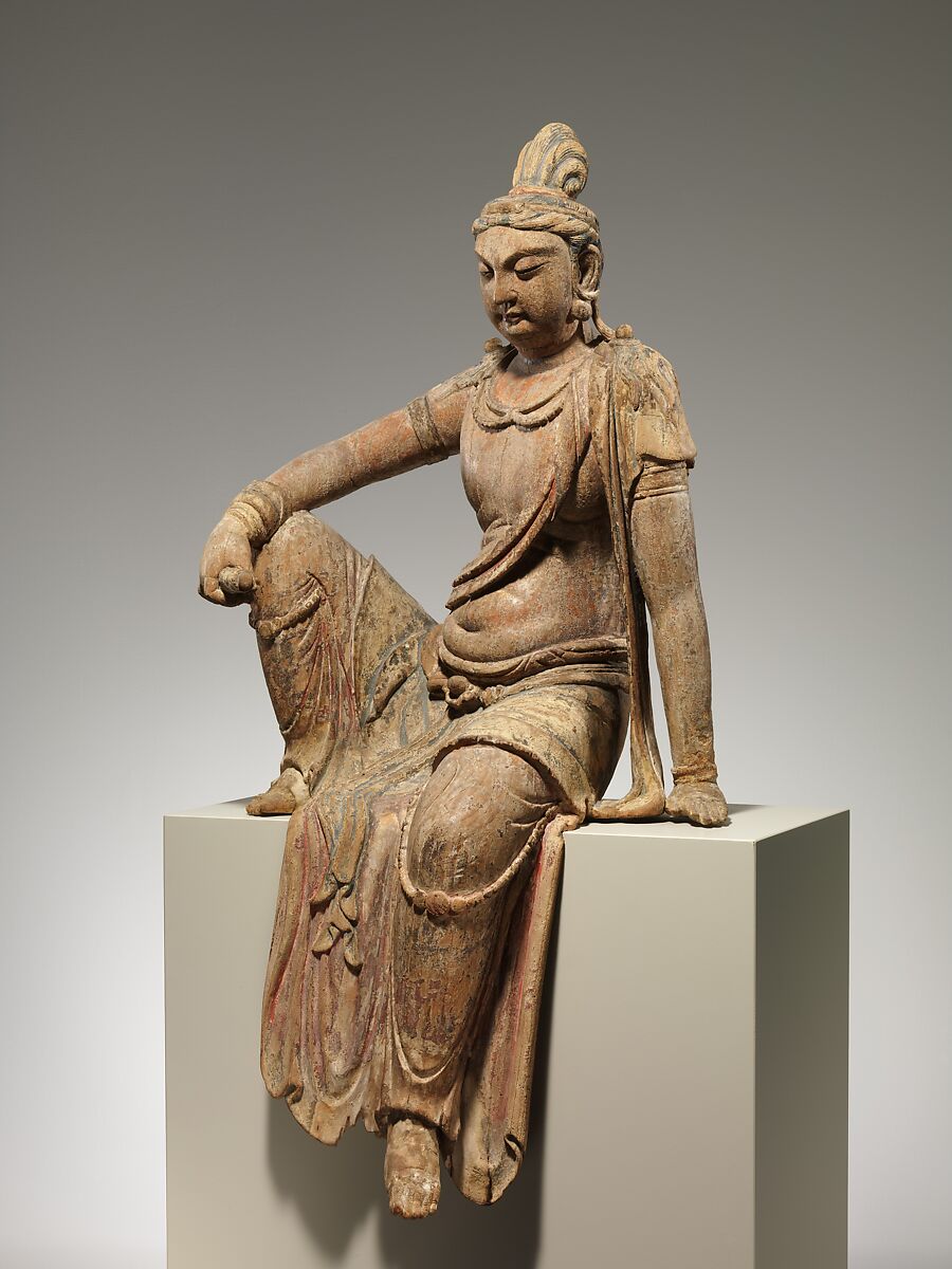 Bodhisattva Manjushri (Wenshu), Wood (foxglove) with traces of pigment; single woodblock construction, China