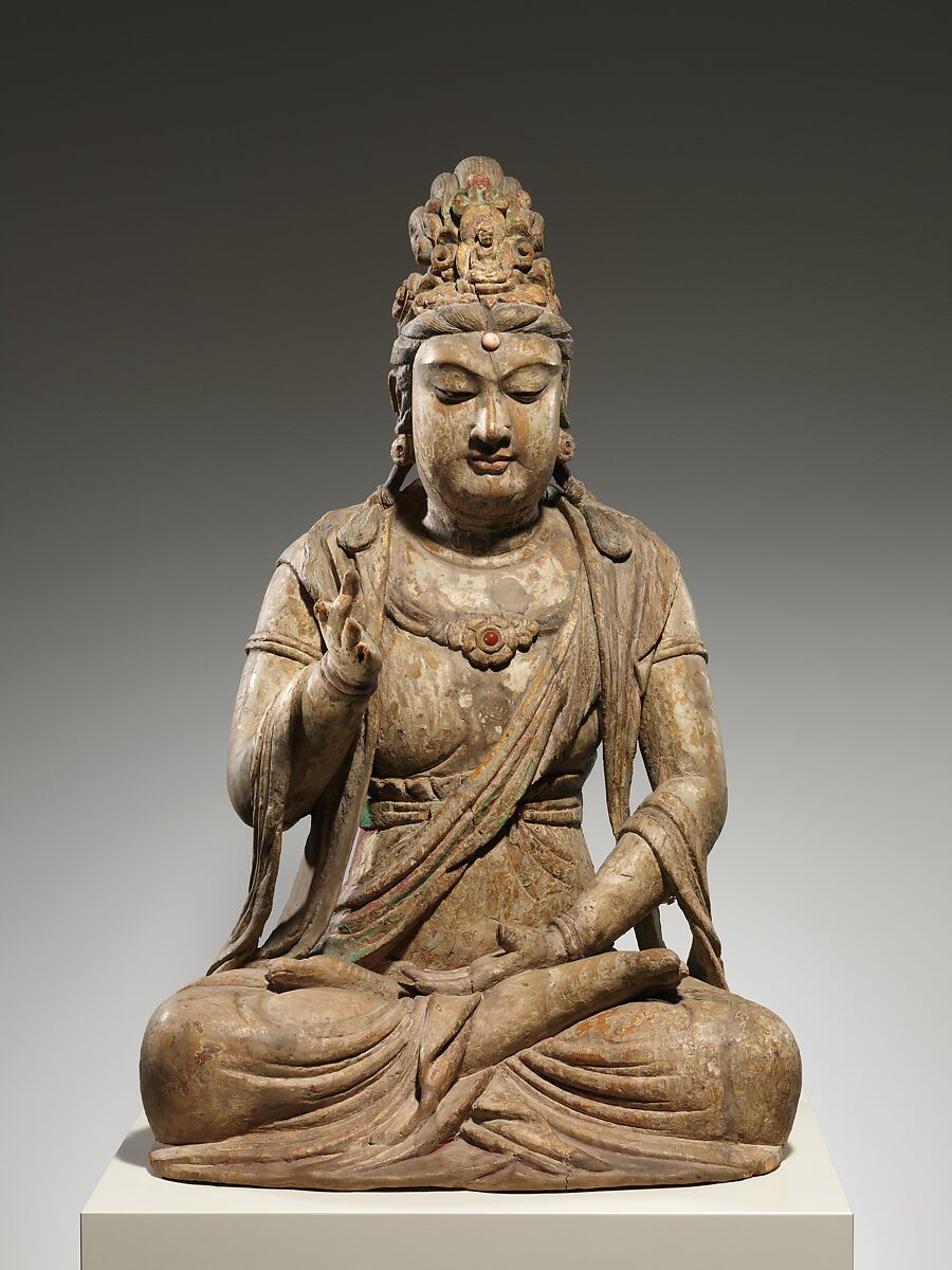 Bodhisattva Avalokiteshvara (Guanyin), Wood (foxglove) with pigments, gilding, quartz and carnelian; single woodblock construction, China 