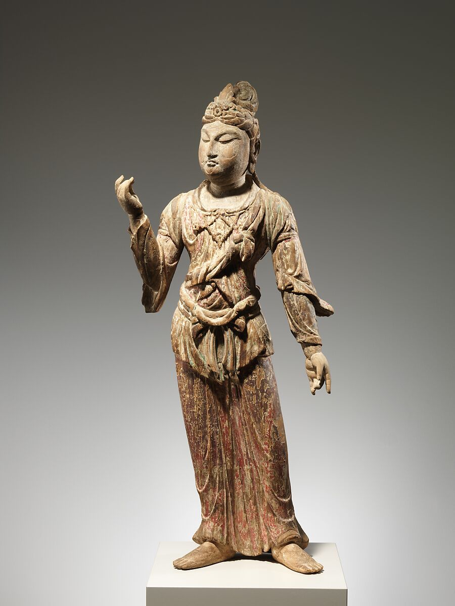 Attendant Bodhisattva, Wood (foxglove) with traces of  pigment; single-woodblock construction, China 