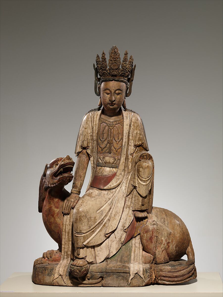Bodhisattva Avalokiteshvara of the Lion's Roar, or Simhanada Avalokiteshvara (Shi Hou Guanyin), Wood (willow) with traces of pigment, single-woodblock construction, China 