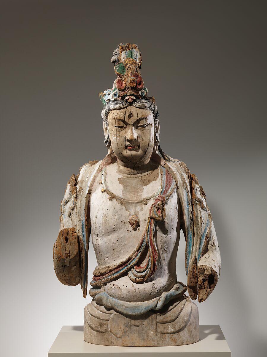 Attendant Bodhisattva, Wood (willow) with gesso and pigment; single woodblock construction, China 