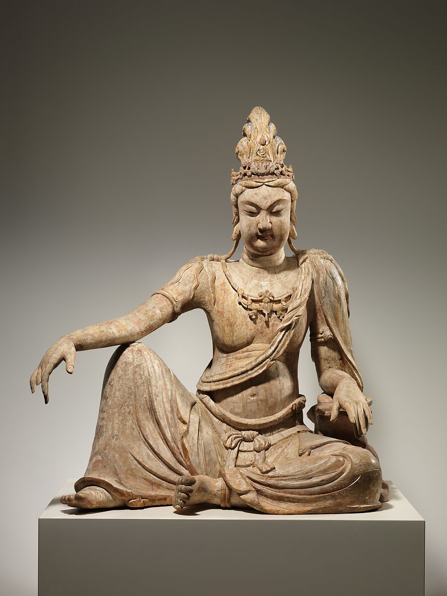 Bodhisattva Avalokiteshvara in Water Moon Form (Shuiyue Guanyin), Wood (willow) with traces of pigment; multiple-woodblock construction, China 