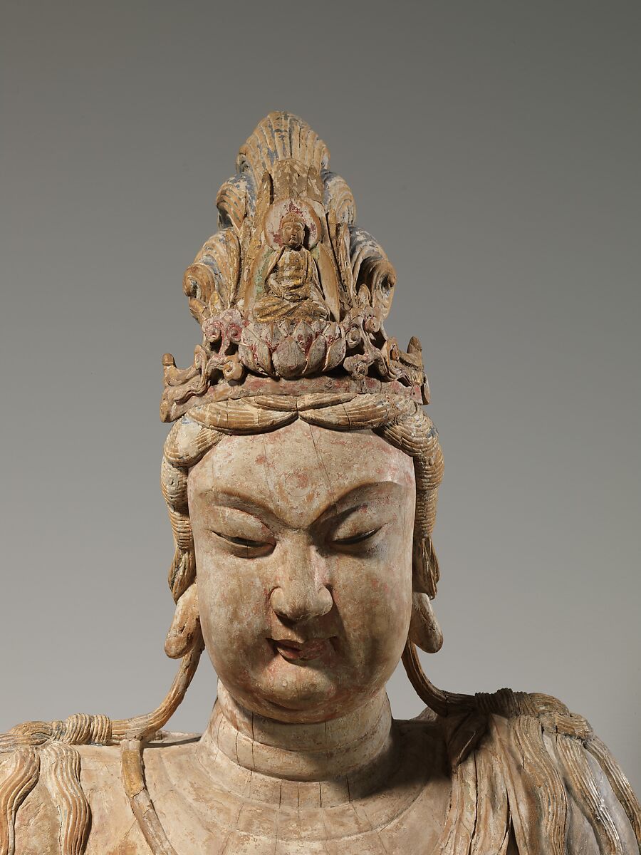 Bodhisattva Avalokiteshvara in Water Moon Form (Shuiyue Guanyin), Wood (willow) with traces of pigment; multiple-woodblock construction, China