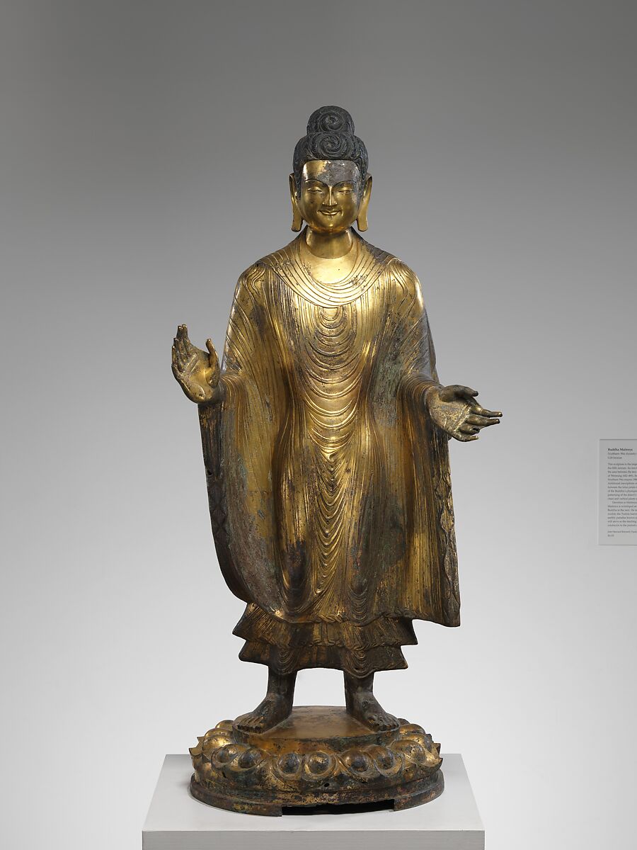 Buddha Maitreya (Mile), Gilt bronze with traces of pigment; piece-mold cast, China