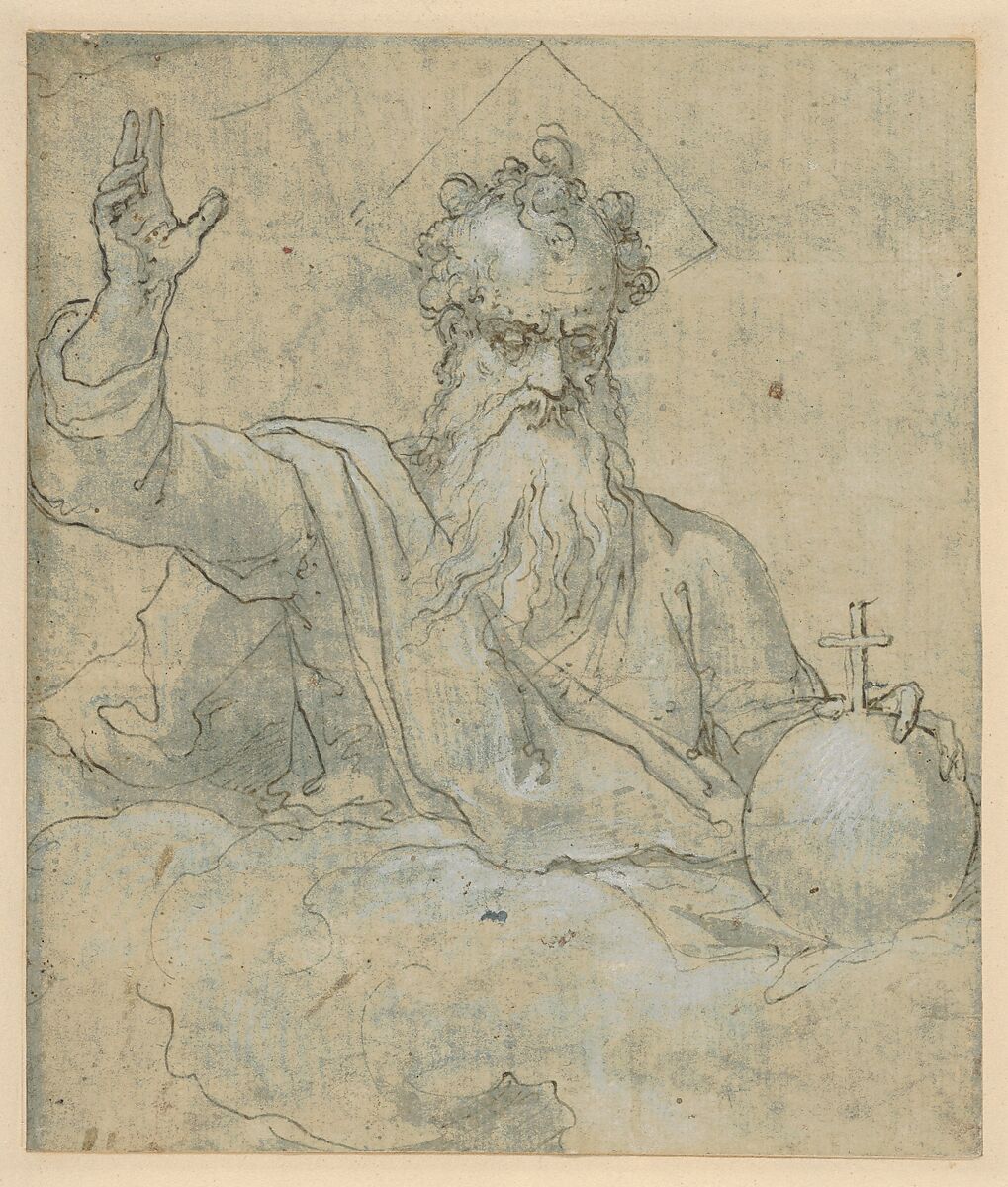 God the Father, Federico Zuccaro (Zuccari) (Italian, Sant&#39;Angelo in Vado 1540/42–1609 Ancona), Pen and brown ink, brush and blue wash, highlighted with white gouache, over traces of black chalk, on blue prepared paper 