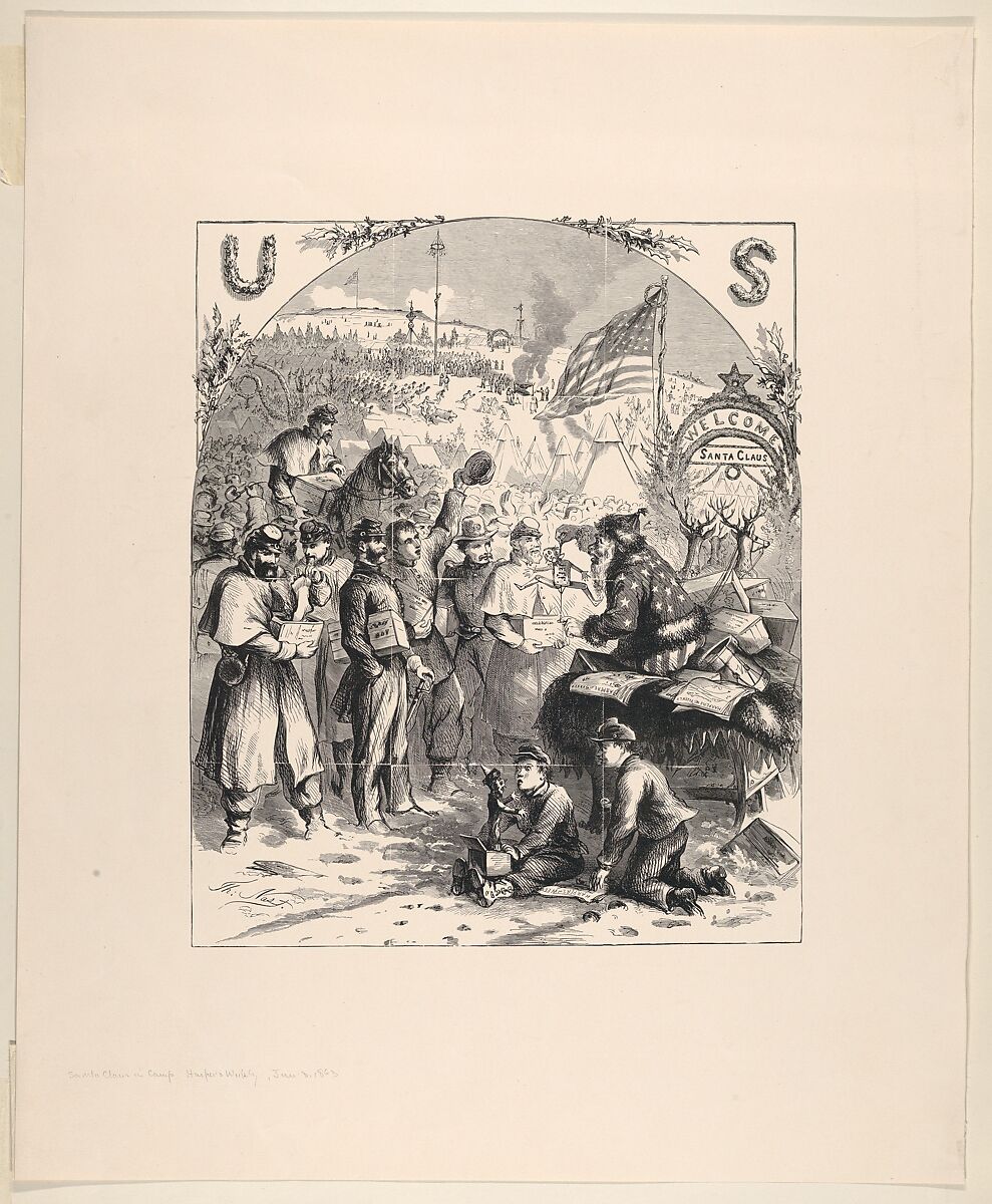 Santa Claus in Camp (published in "Harper's Weekly," January 3, 1863), Thomas Nast (American (born Germany), Landau 1840–1902 Guayaquil), Relief print and electrotype 
