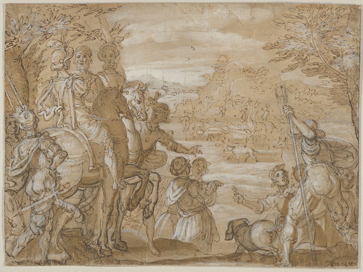 A Hunting Party, Jan van der Straet, called Stradanus (Netherlandish, Bruges 1523–1605 Florence), Pen and brown ink, brown wash, heightened with white gouache; over graphite and/or black chalk; on light brown (prepared?) paper 