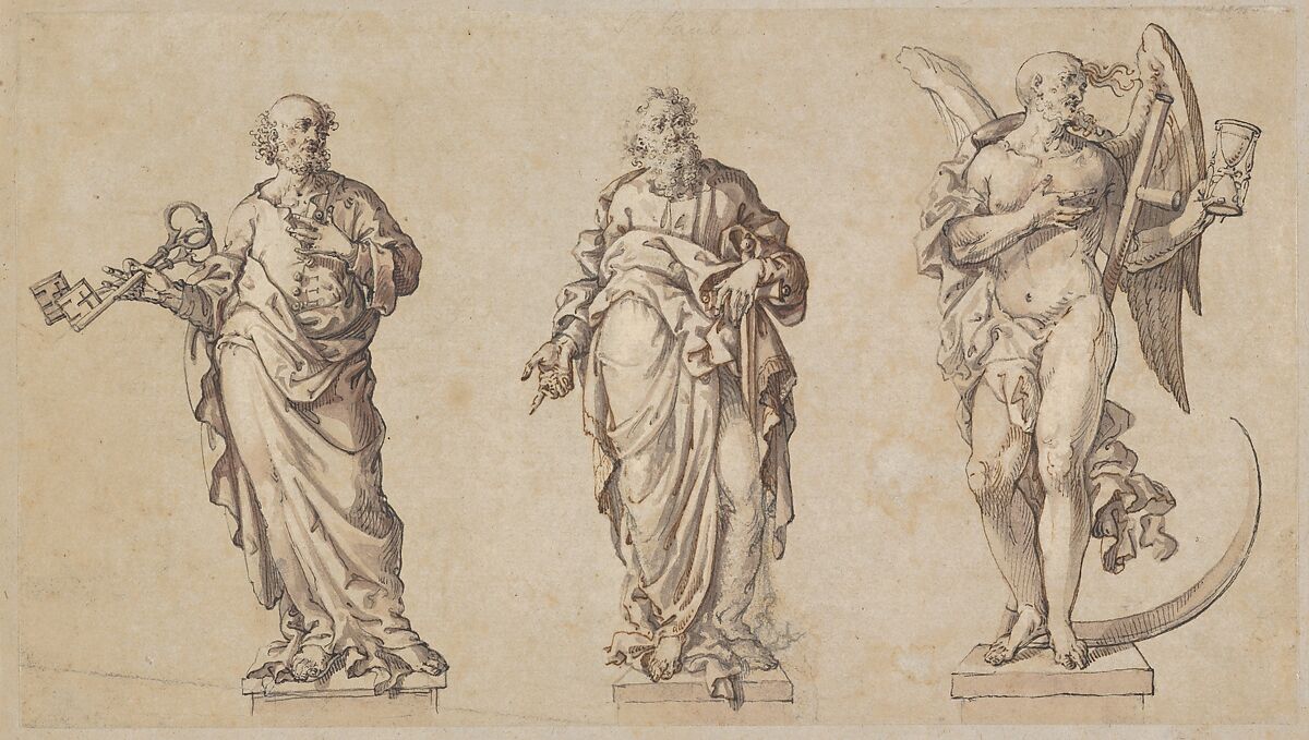 Sculpture Designs for Saint Peter, Saint Paul, and the Angel of Death, Anonymous, German, Augsburg or Munich, early 17th century, Pen and brown and black ink, brush and red-brown wash 