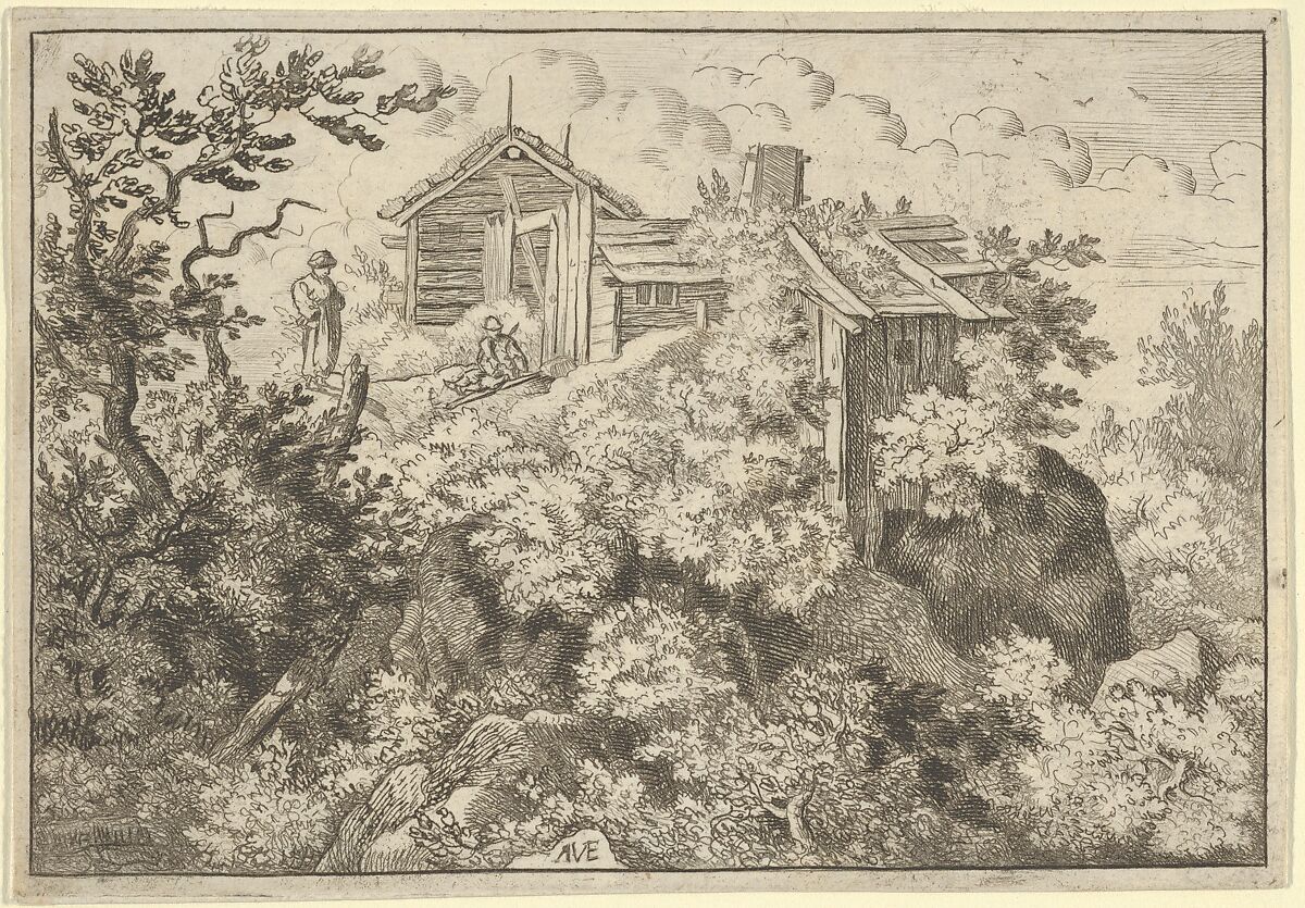 The Three Cottages on the Hill, Allart van Everdingen (Dutch, Alkmaar 1621–1675 Amsterdam), Engraving; fifth state of five 